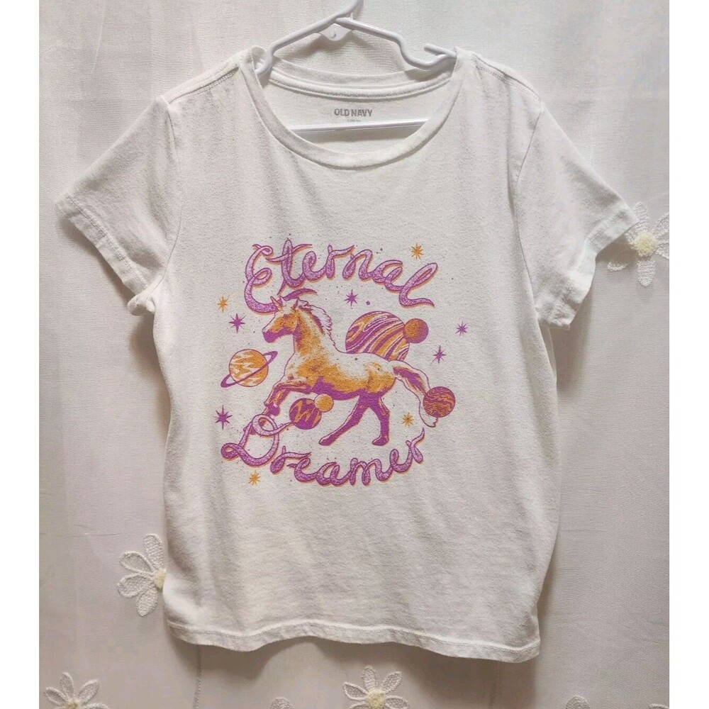 Old Navy Girls Large 10/12 White Unicorn Eternal Dreams Fantasy Cute Tee Shirt